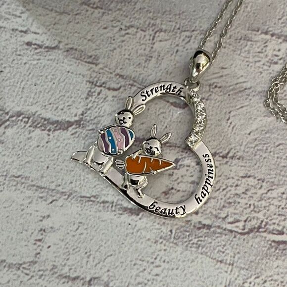 Bunny, Strength, Beauty, Happiness Heart CZ Necklace - Picture 4 of 5